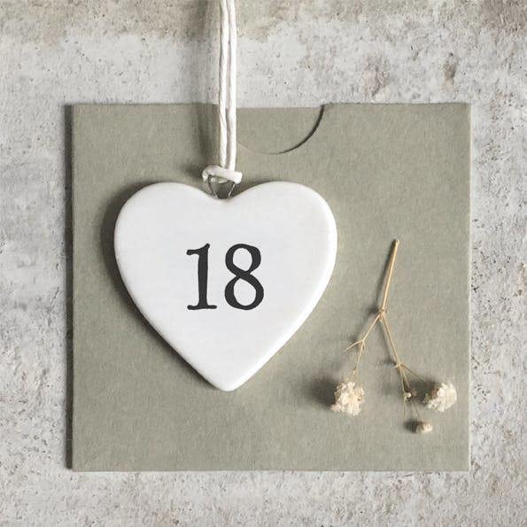 Mini Porcelain Hanging Heart – “18” Birthday Keepsake Elegant Milestone Gift