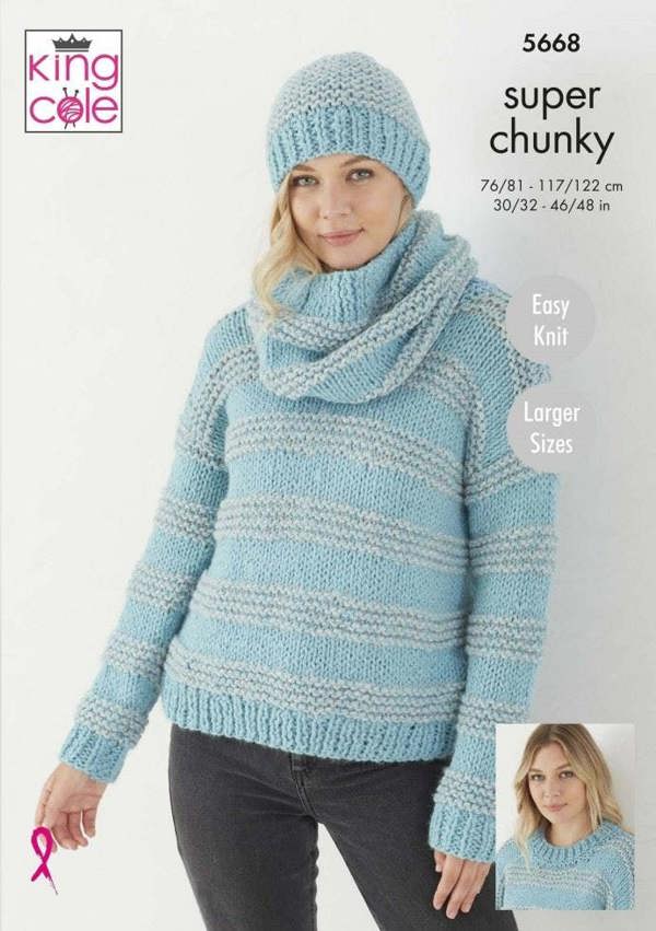 King Cole Super Chunky Knitting Pattern 5668, Sweaters, Headwear, Scarves for Women, 30 - 48 Inches - Easy