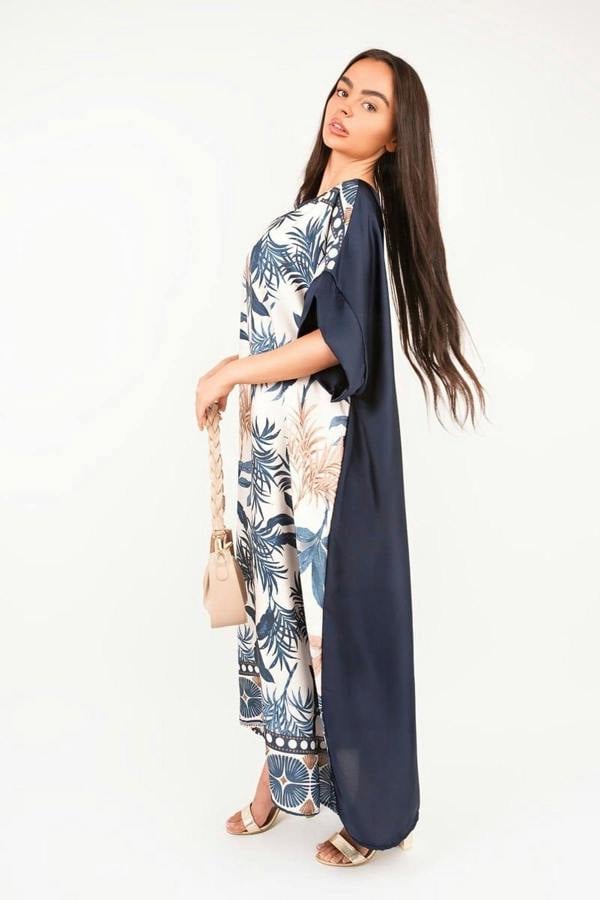 Taisley Oversized Batwing Maxi Dress With Tropical Print - Navy