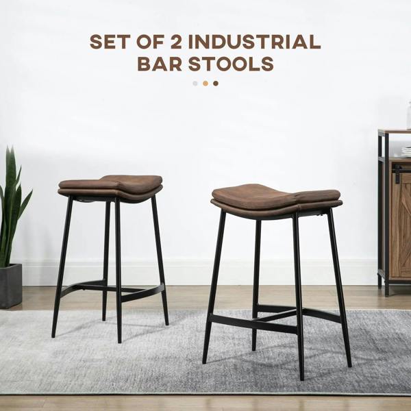Set of 2 industrial brown bar stools with curved seats and black steel legs