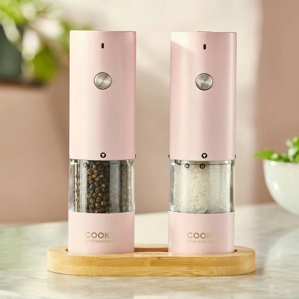 Cooks Professional Rechargeable Salt and Pepper Mill Set with Bamboo Base | Pink