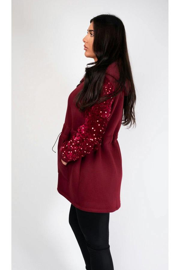 Evalora Zip Up Hoodie With Sequin Sleeve Detail - Wine