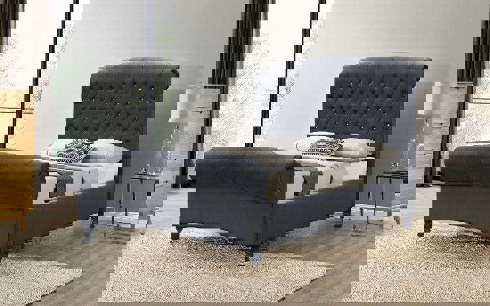 Comfy Living Luxurious Cannes Plush Velvet Diamante Chesterfield Sleigh Bed - Elegance Redefined