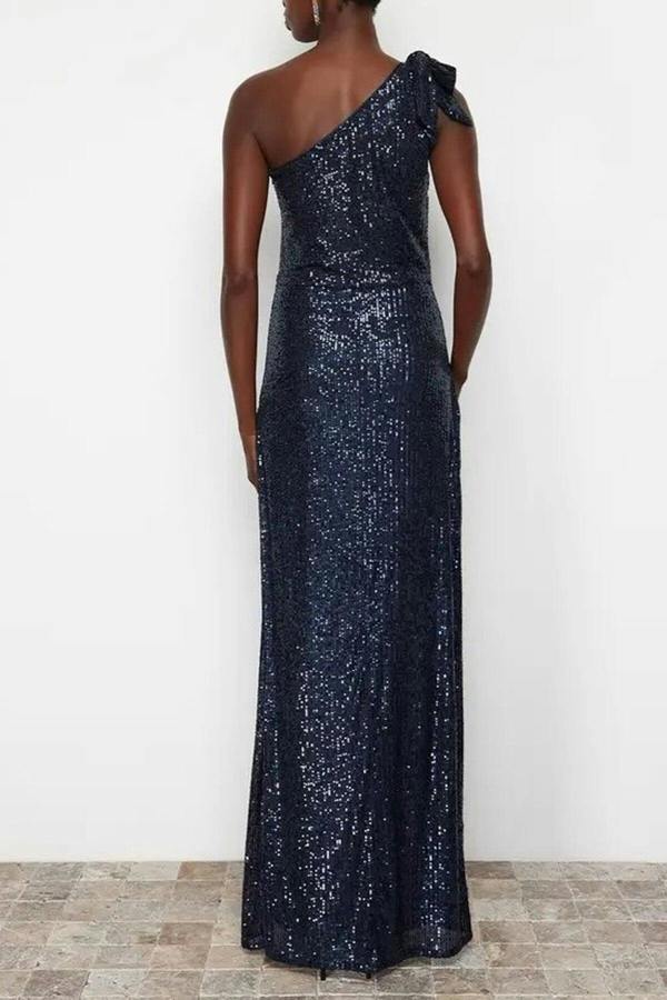 WOVCOR One Sleeve Sequin Long Elegant Evening Dress