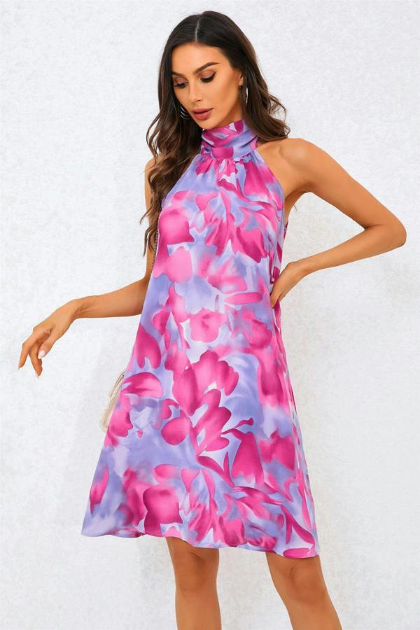 FS Collection Abstract Floral Print Halter Neck Tie Back Mini Dress In Pink