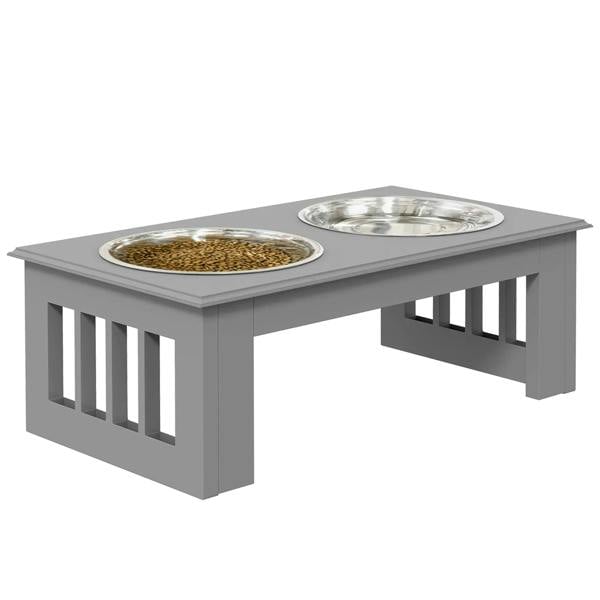 Grey raised dog feeding stand with two stainless steel bowls