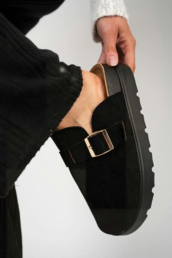 Serelina Chunky Sole Flat Slip-on Buckle Sliders - Camel
