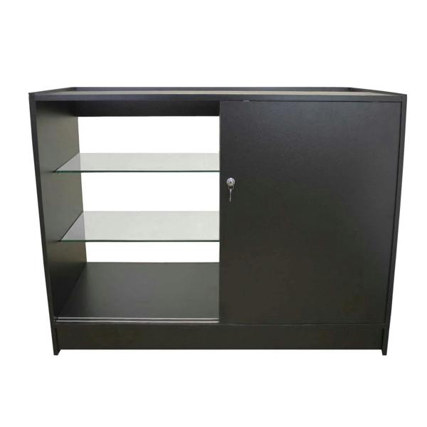 K1200 retail display cabinet in sleek black with glass shelves, a sliding door, and a modern design for showcasing products