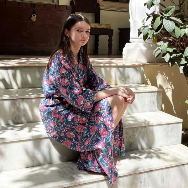 Hayley & Co Navy and Pink Floral Block Print 100% Cotton Dressing Gown