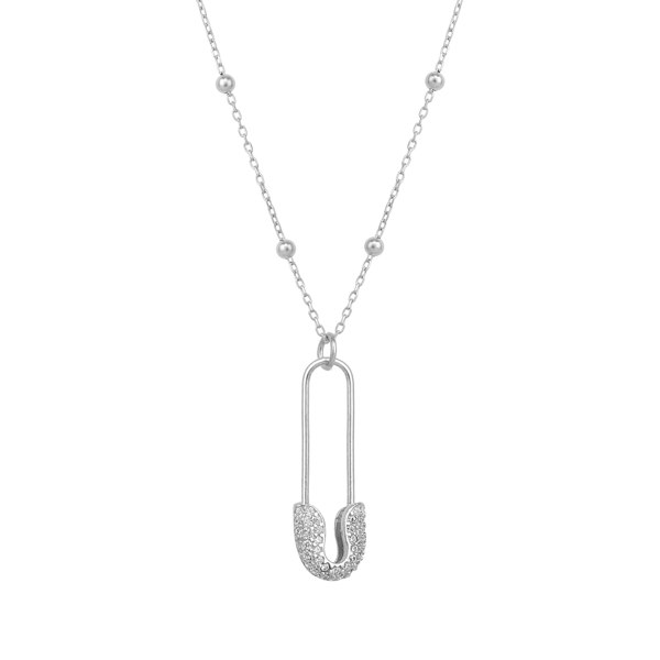 Spero London Sterling Silver Jewelled Safety Pin Necklace With Beaded Chain