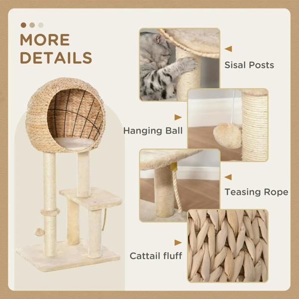 Beige cat tree with hanging ball toy, teasing rope, and sisal scratching posts
