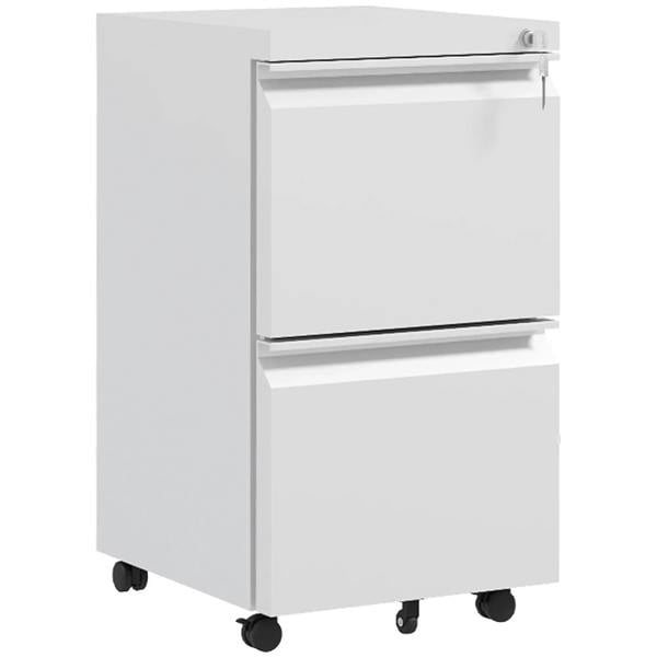 White steel 2-drawer mobile filing cabinet with lock, front doors and rolling casters