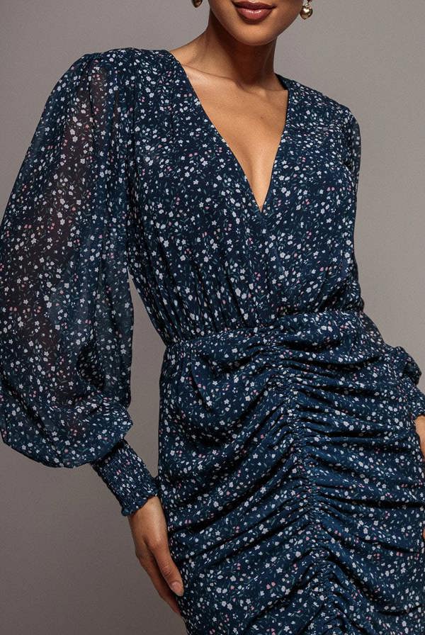 Printed Long Sleeve Drawstring Midi Dress - Navy Print DR3639