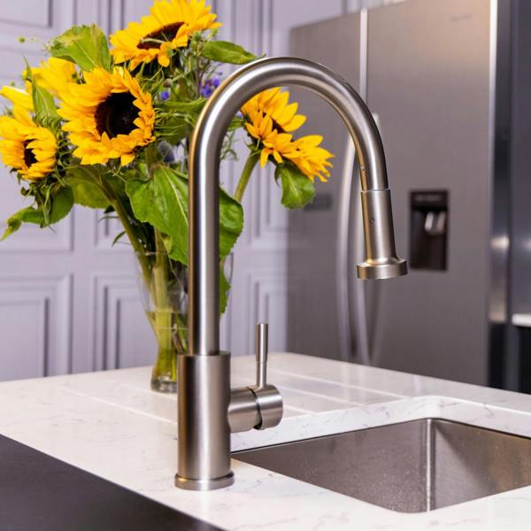 Flode Runda | Kitchen Sink Mixer with Pull out Spray | Brushed Steel | Round Head