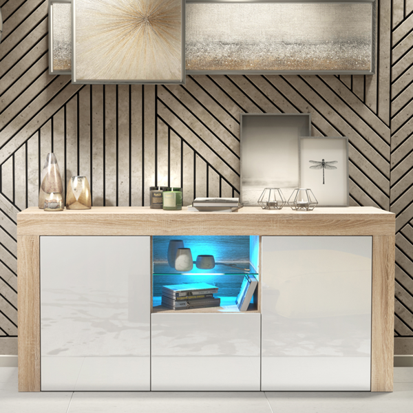 Mex Furniture 145cm Modern TV Unit, Cabinet Stand & , with White Gloss Doors & Free LED