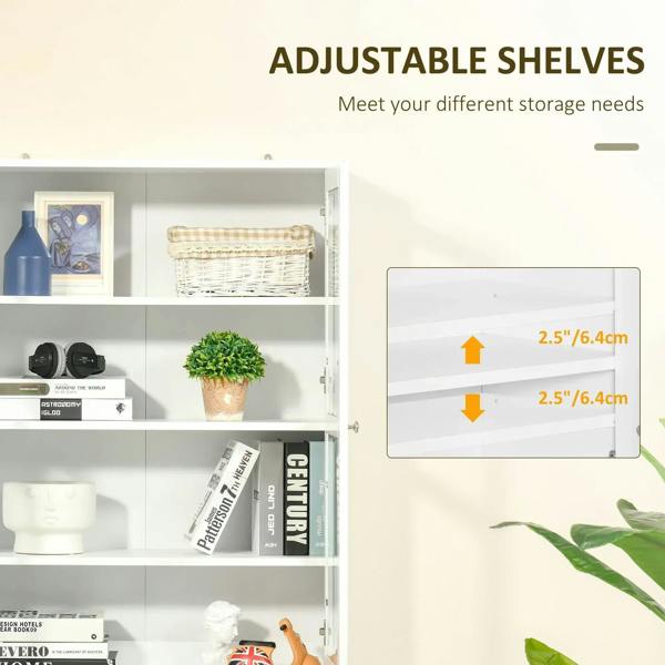 White shelving cabinet with adjustable interior shelves behind glass doors