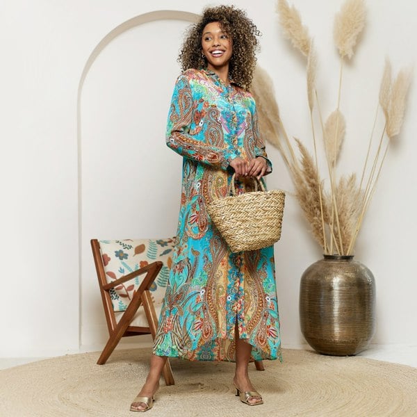 ANGELEYE Deluxe Luxurious Viscose Crepe Midi Shirt Dress in Premium Bohemian Orange Print