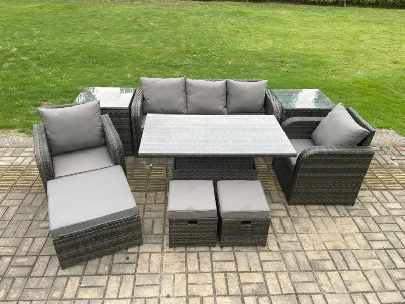 Fimous Outdoor Rattan Furniture Sofa Garden Dining Sets Height Adjustable Rising lifting Table and Chair Set With 2 Side Tables 3 Footstools