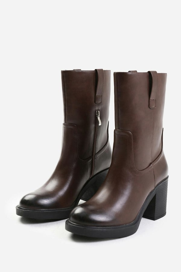 Where's That From Cherish Mid Calf Boot With Side Zip in Dark Brown Faux Leather