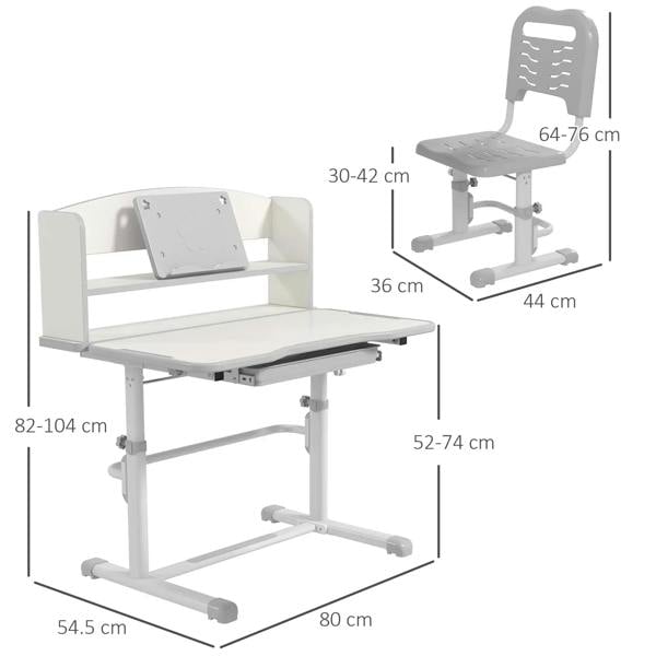 Grey kids study table and chair set with size layout diagram