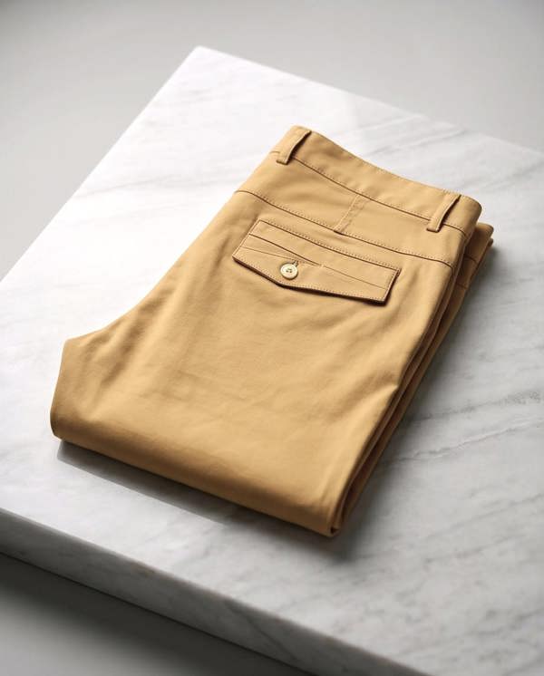 Folded beige pants on a marble surface