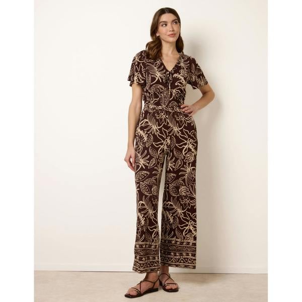 Blue Vanilla Tropical Print Shirred Waist Elasticated Round Neck Jumpsuit