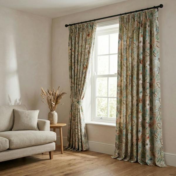 Pisa made-to-measure curtains in Summer, styled in a living room