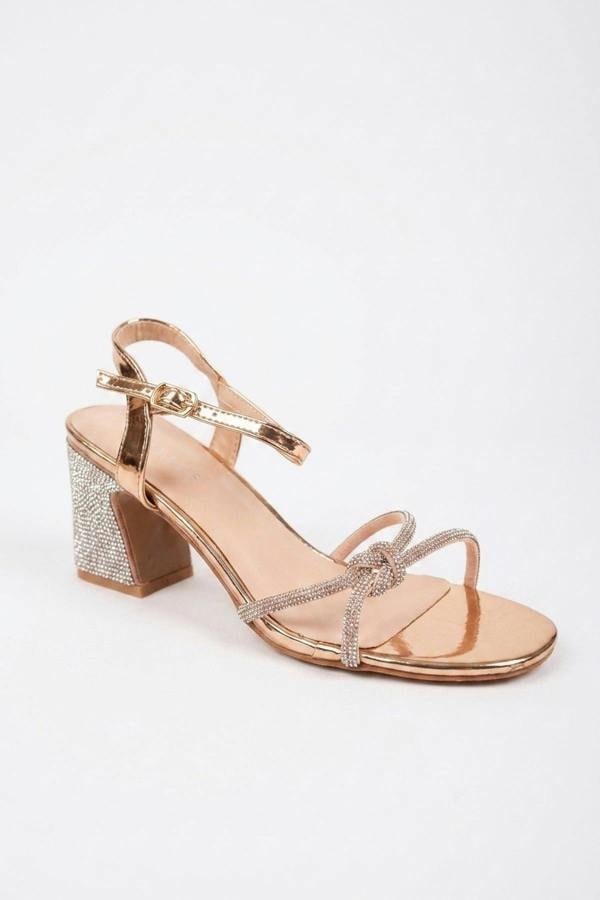 Edie Rhinestone Block Heel Knotted Sandals - Champagne