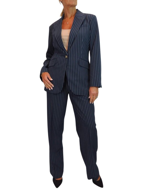 Paulo Due Women's Pinstripe 2 Piece Trouser Suit Tailored Blazer - Navy Blue