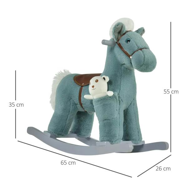 Blue plush rocking horse with brown saddle, white muzzle, and gray rocking base
