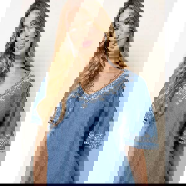 Blue Vanilla Floral Embroidery V Neckline Top