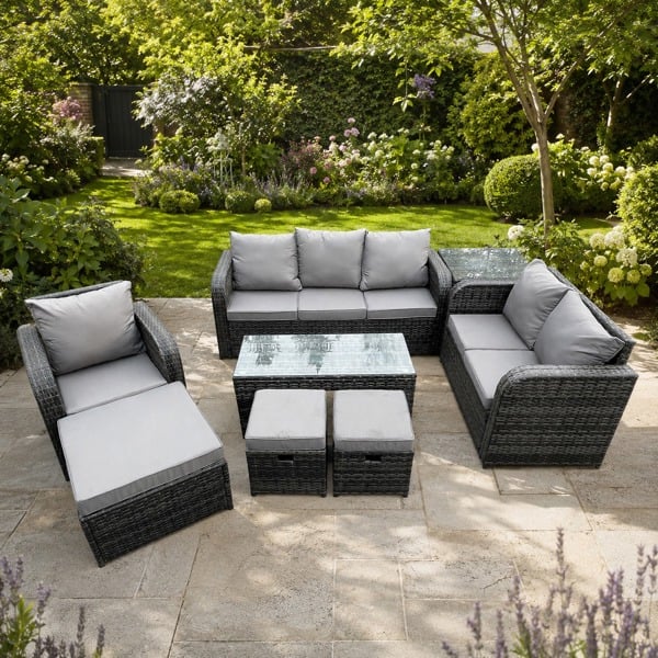 Fimous 9 Seater High Back Rattan Garden Furniture Set, Loveseat Sofa, Coffee Table, Side Table, 3 Footstools, Indoor Outdoor Lounge Sofa