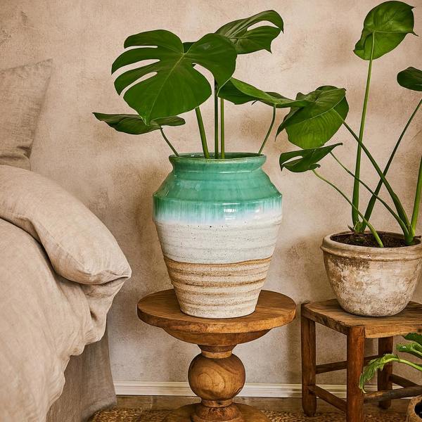 Wyld Haus Rustic Ombre Turquoise Blue and Sand Glazed Ceramic Vase