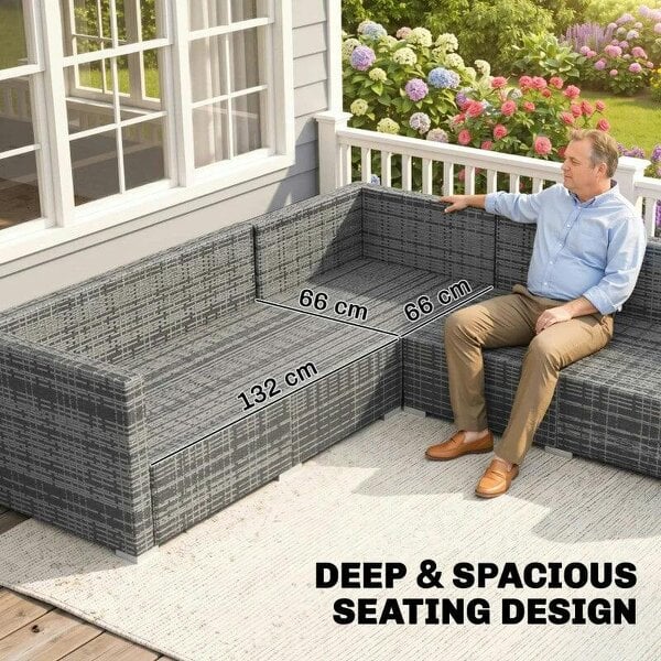 Bobobiy Luxury 5 Seater Rattan Garden Set, 4 Pieces Outdoor Patio Conversation Set with Wide Seats, 220gsm Polyester Cushions, Grey