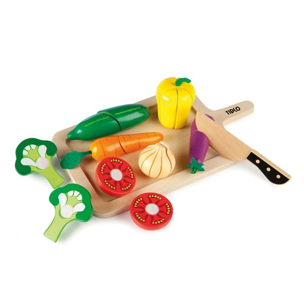 Tidlo Wooden Cutting Vegetables Set - 7 Vegetables, 1 Chopping Board & 1 Kitchen Utensil