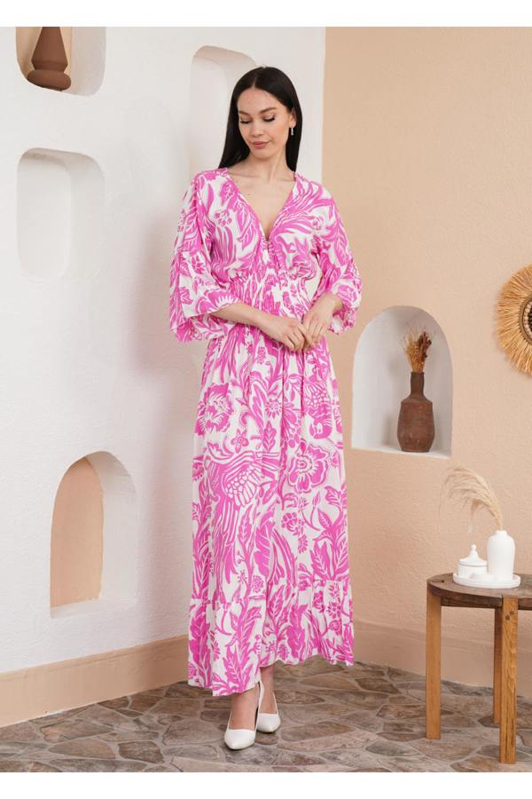 Hoxton Gal Oversized V Neck Shirred Waist Floral Print Maxi Dress in Pink