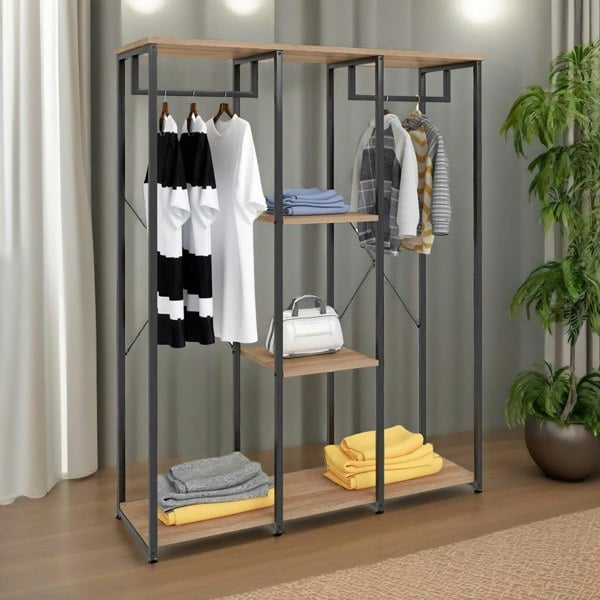 Rafaelo Mobilia Industrial Metal Open Wardrobe With Wooden Shelves