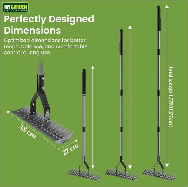 My Garden Outdoor Living My Garden Extendable Thatch Rake 1.77M - Manual Lawn Scarifier - Adjustable Steel Handle - Moss & Thatch Rake