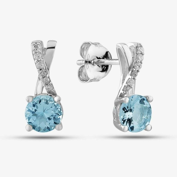 T. H. Baker 9ct White Gold Aquamarine & Diamond Crossover Stud Earrings OJE1703-AQ