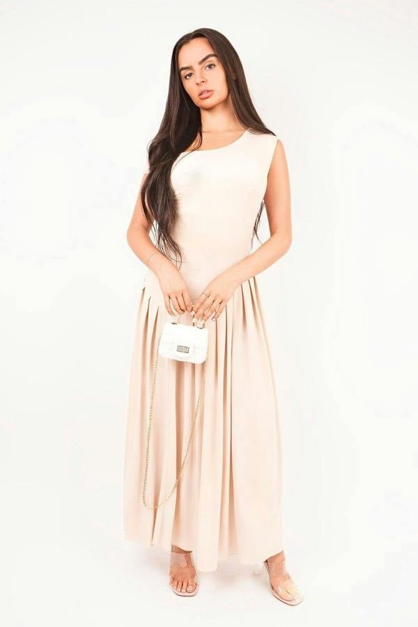 Tylah Short Sleeve Pleated Relaxed Maxi Dress - Beige