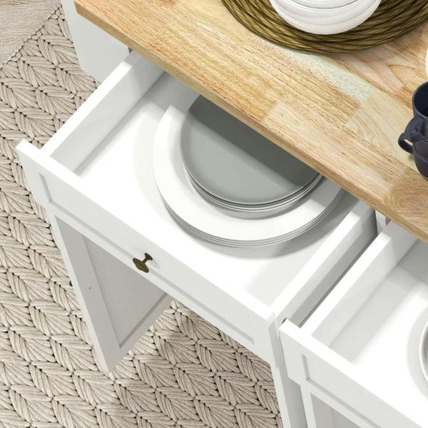 White pull-out drawer and cabinet shelves with stacked plates under rubber wood top