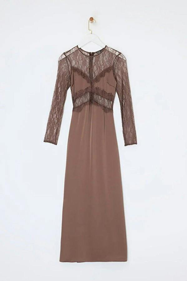 WOVCOR Satin Long Dress with Lace Details