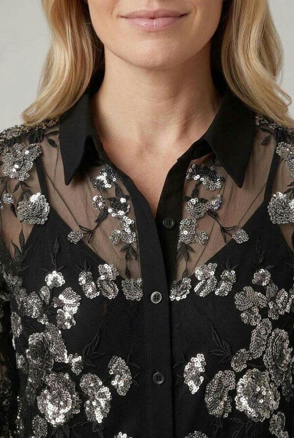 Izabel London Sheer Floral Embellished Cropped Shirt