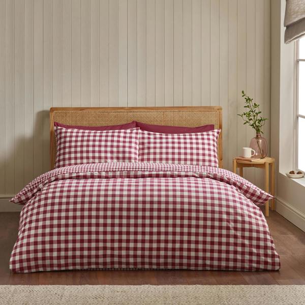 Catherine Lansfield Brushed Gingham Check Reversible Duvet Cover Set Burgundy