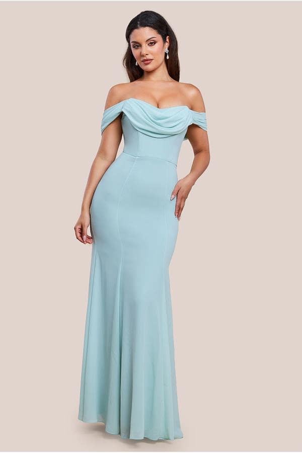 Chiffon Bardot Cowl Neck Maxi Dress - Sage Green DR2781A