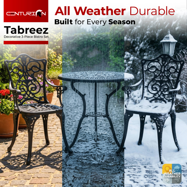 Centurion Supports TABREEZ Garden and Patio Table and 2 Large Chairs with Armrests Cast Aluminium Bistro Set - Black
