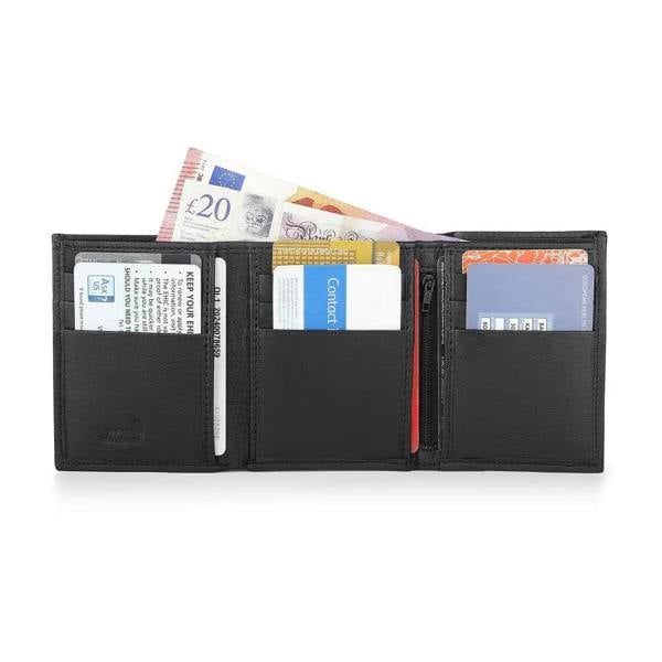 Organised inside view of Basic Wallet Style 86 – RFID leather trifold wallet filled with cards, ID, and cash