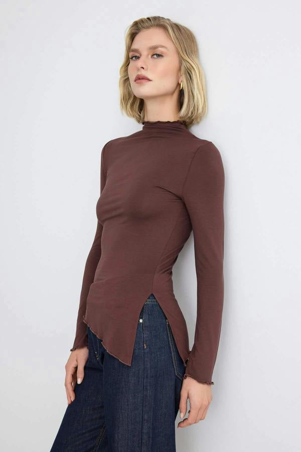 WOVCOR High Neck Asymmetric Long Sleeve Fitted Blouse