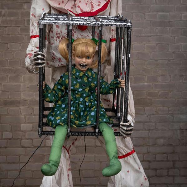 Samuel Alexander 7ft Tall Giant Cagey The Clown with Girl Halloween Animatronic Decoration
