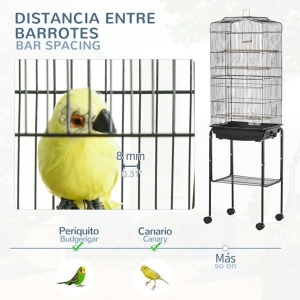 Black bird cage with vertical bar spacing and front access door on wheeled stand